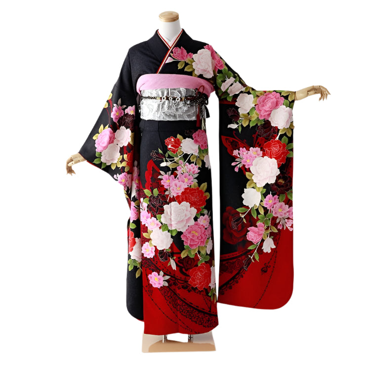 【お気にいる】 振袖 身長157-172cm 桜正絹 黒 着物・浴衣