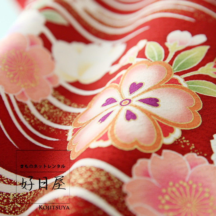 振袖 身長147-162cm 赤　牡丹　菊　桜　正絹 振袖 身長147-162cm 赤牡丹菊桜正絹