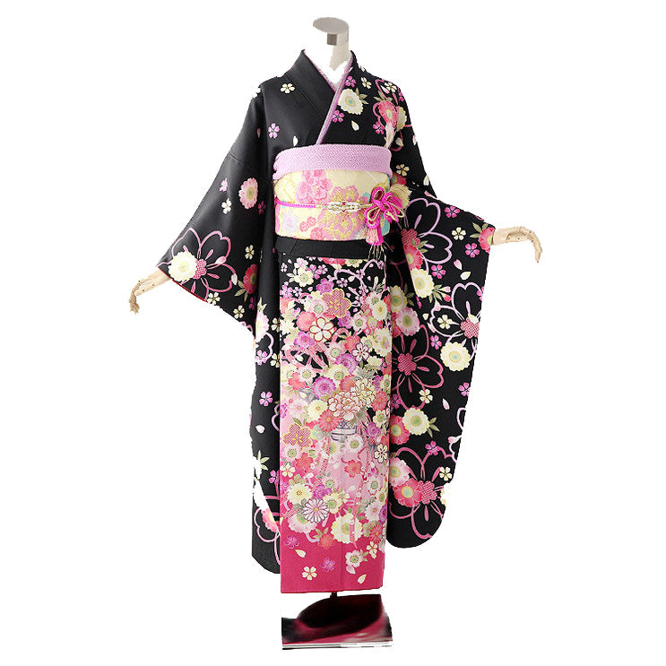 振袖 成人式用 身長156-171cm 黒 bk-014-s