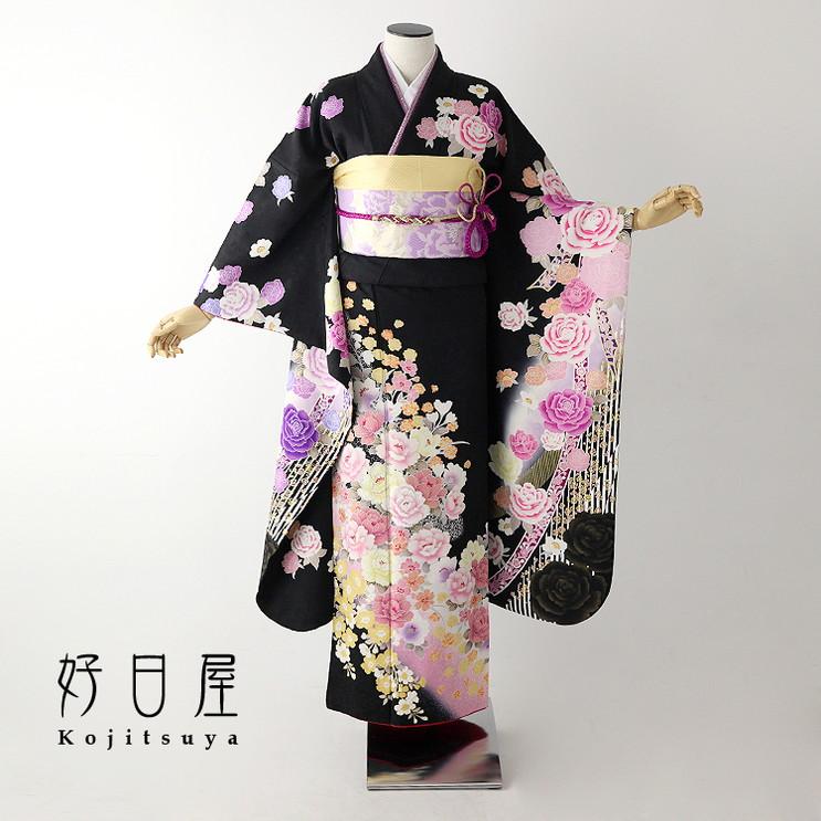 振袖 成人式用 身長150-165cm 黒 bk-049-s