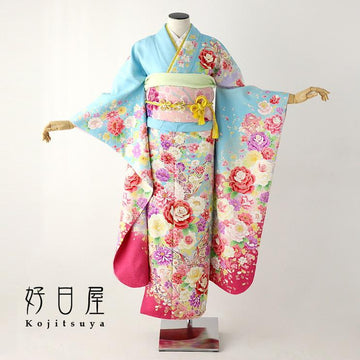 振袖 成人式用 身長147-162cm 青 bl-024-s