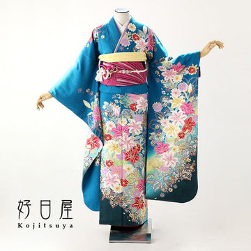 振袖 成人式用 身長155-170cm 青 bl-025-s